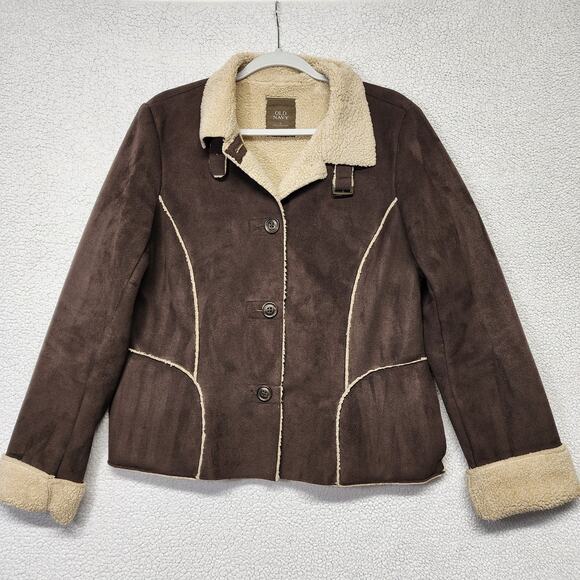 Old Navy Jackets & Blazers - Vintage Old Navy Womens Faux Suede Jacket Size L Brown Sherpa Lined Buckle Y2K